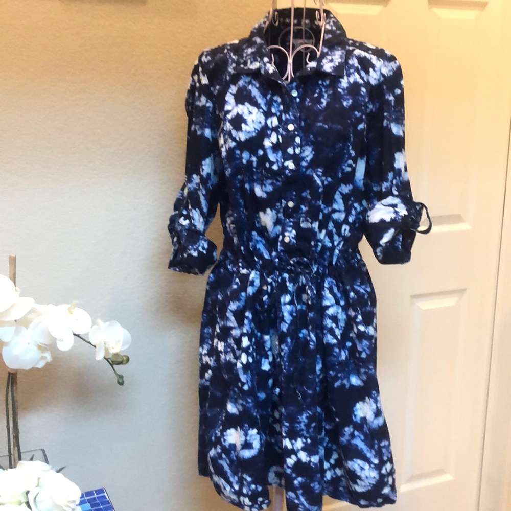 GAP Blue Roll Sleeve Tye Dye Shirt Dress